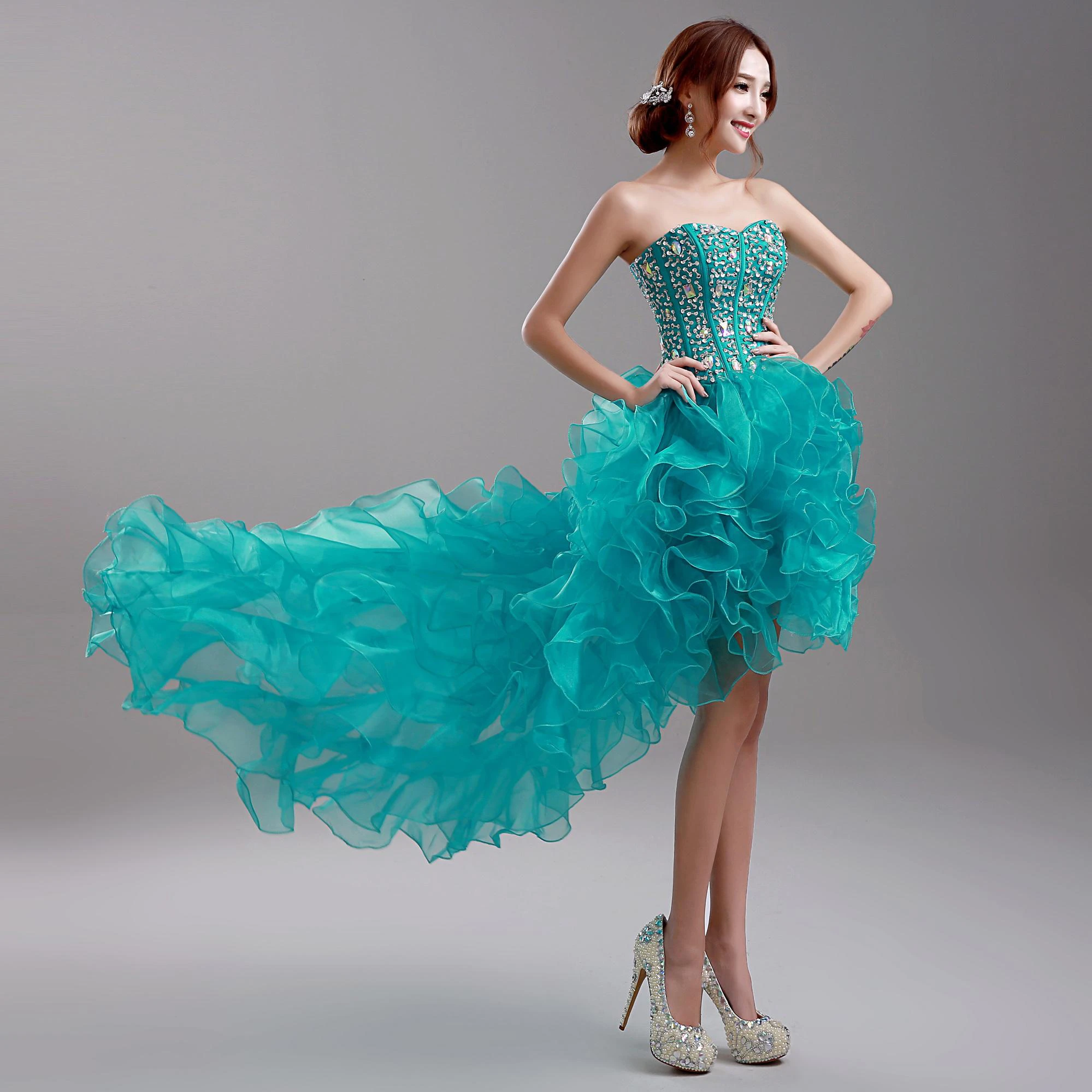 Sexy Ruffles Crystals Hi-Lo Prom Dress Sweep Train Sweetheart