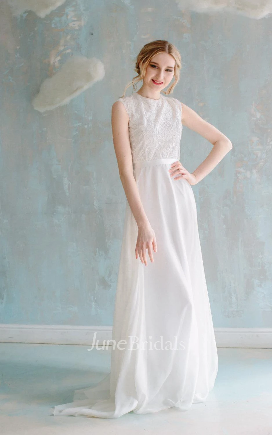 A-Line Floor-Length Chiffon Lace Satin Dress With Sash Ribbon Button