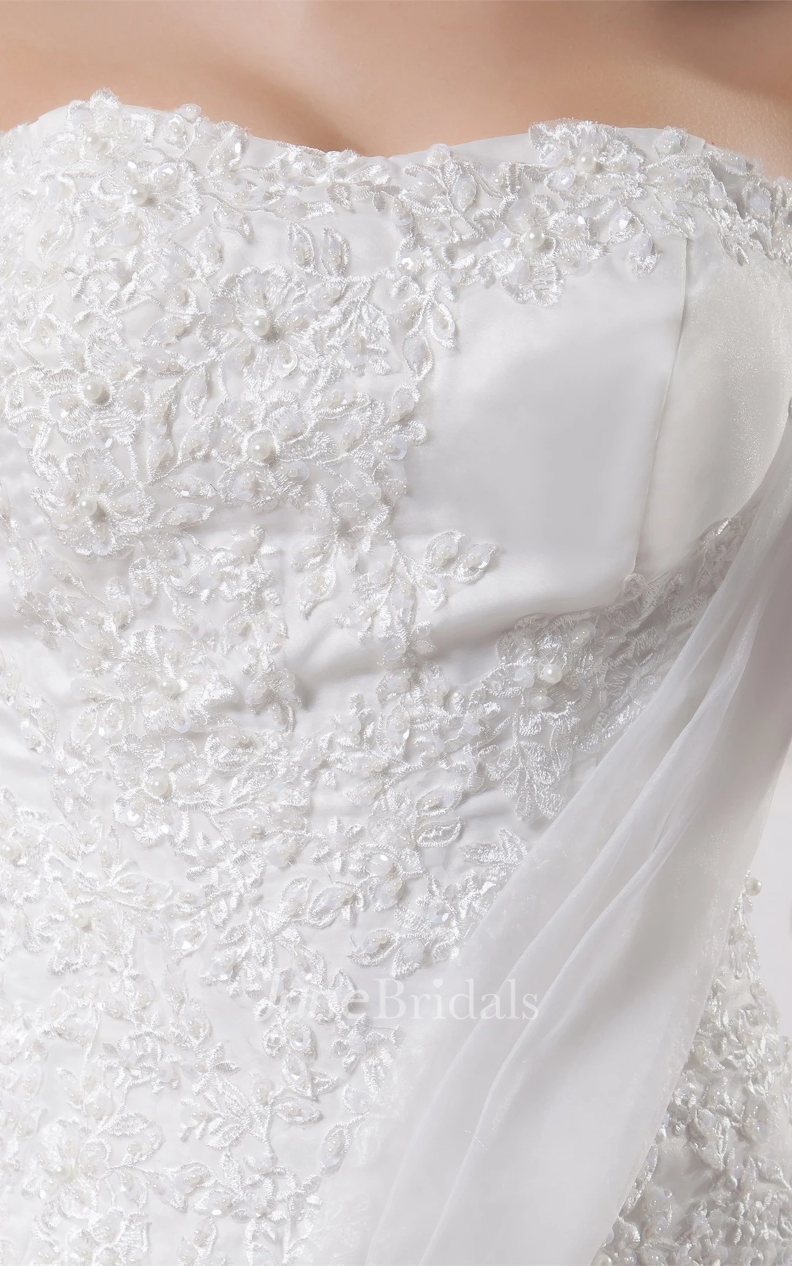 Strapless Ruffled A-Line Gown with Pleats and Appliqued Bodice