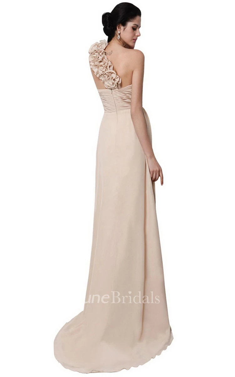 One-shoulder Long Chiffon Dress With Flowers
