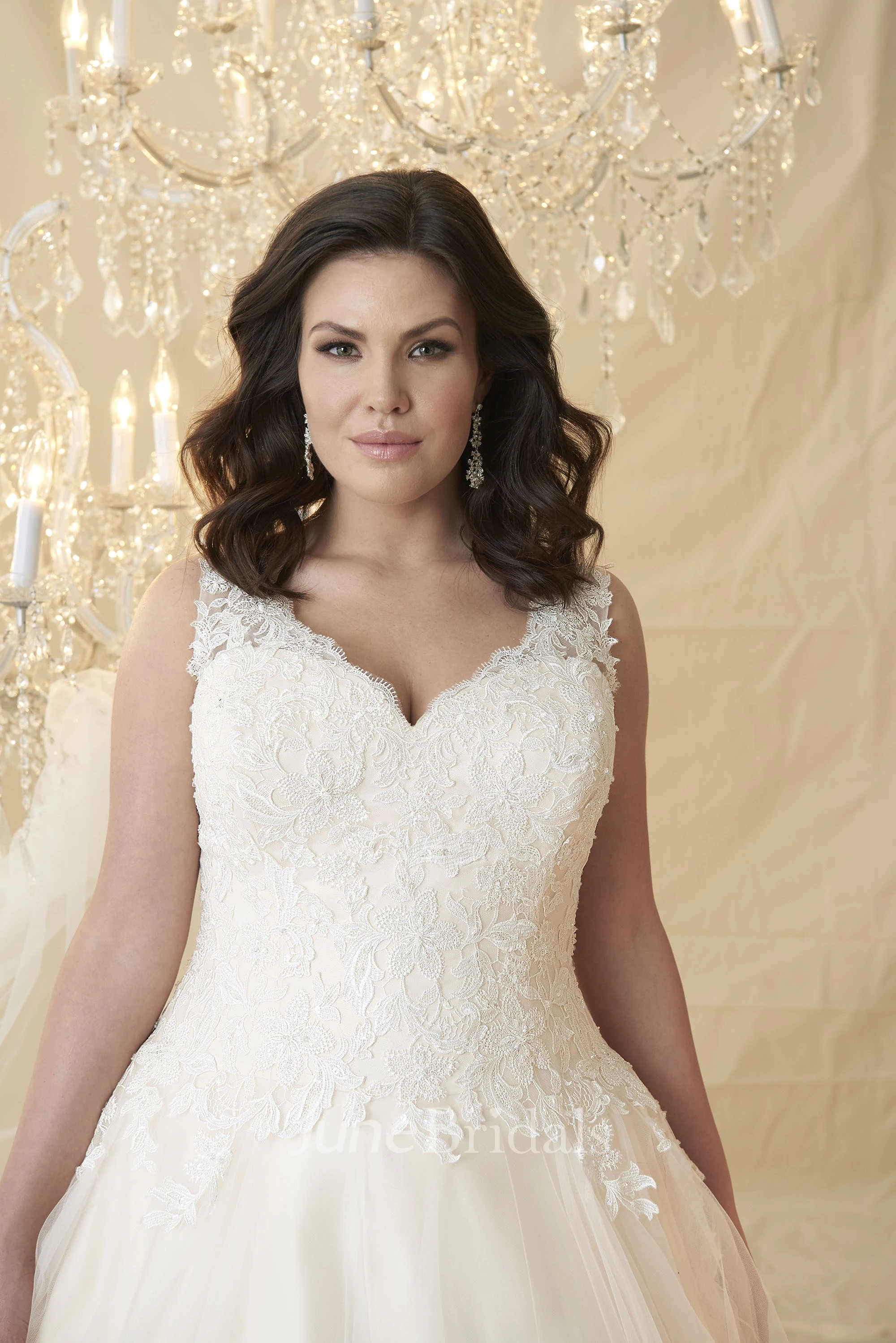 Ball Gown V-Neck Beaded Sleeveless Tulle&Lace Plus Size Wedding Dress