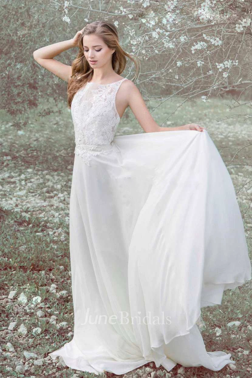 Bateau Sleeveless A-Line Wedding Dress With Lace Top