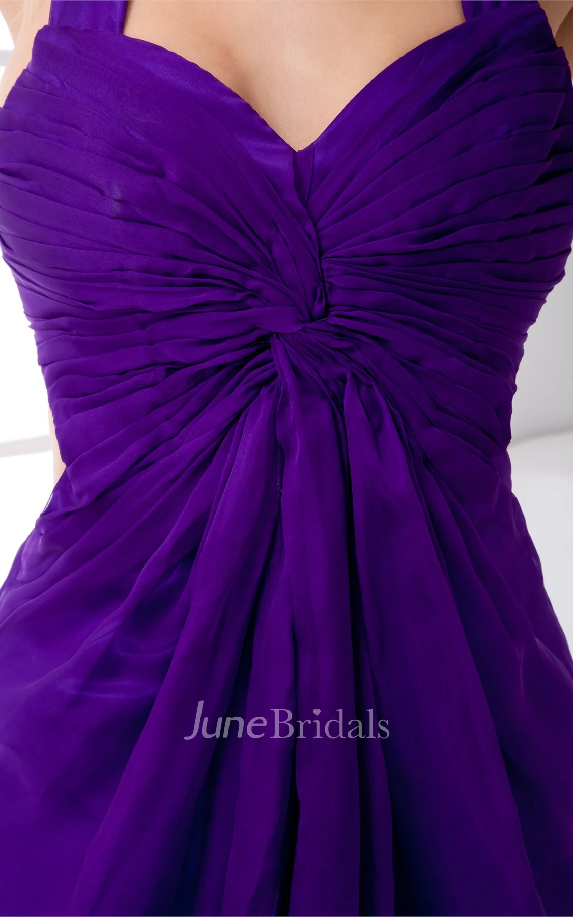 chiffon ankle-length strapped dress with front slit and ruching