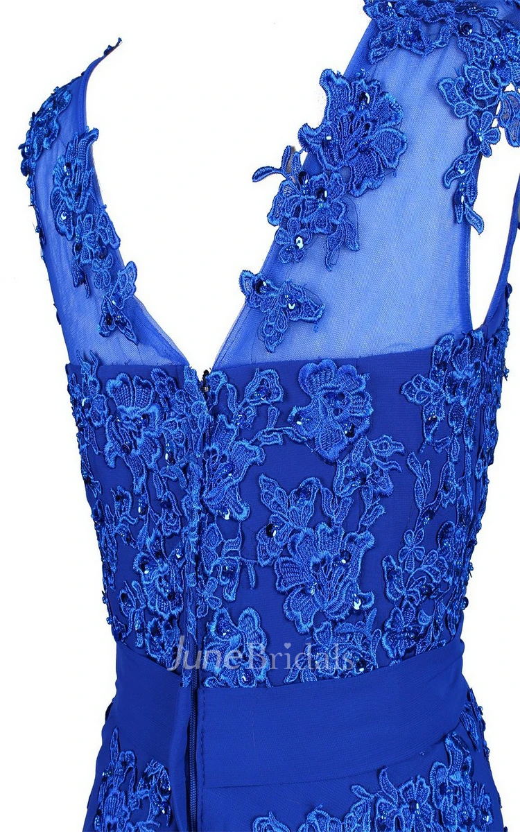 Sleeveless V-neck Chiffon Gown With Embroidered Bodice