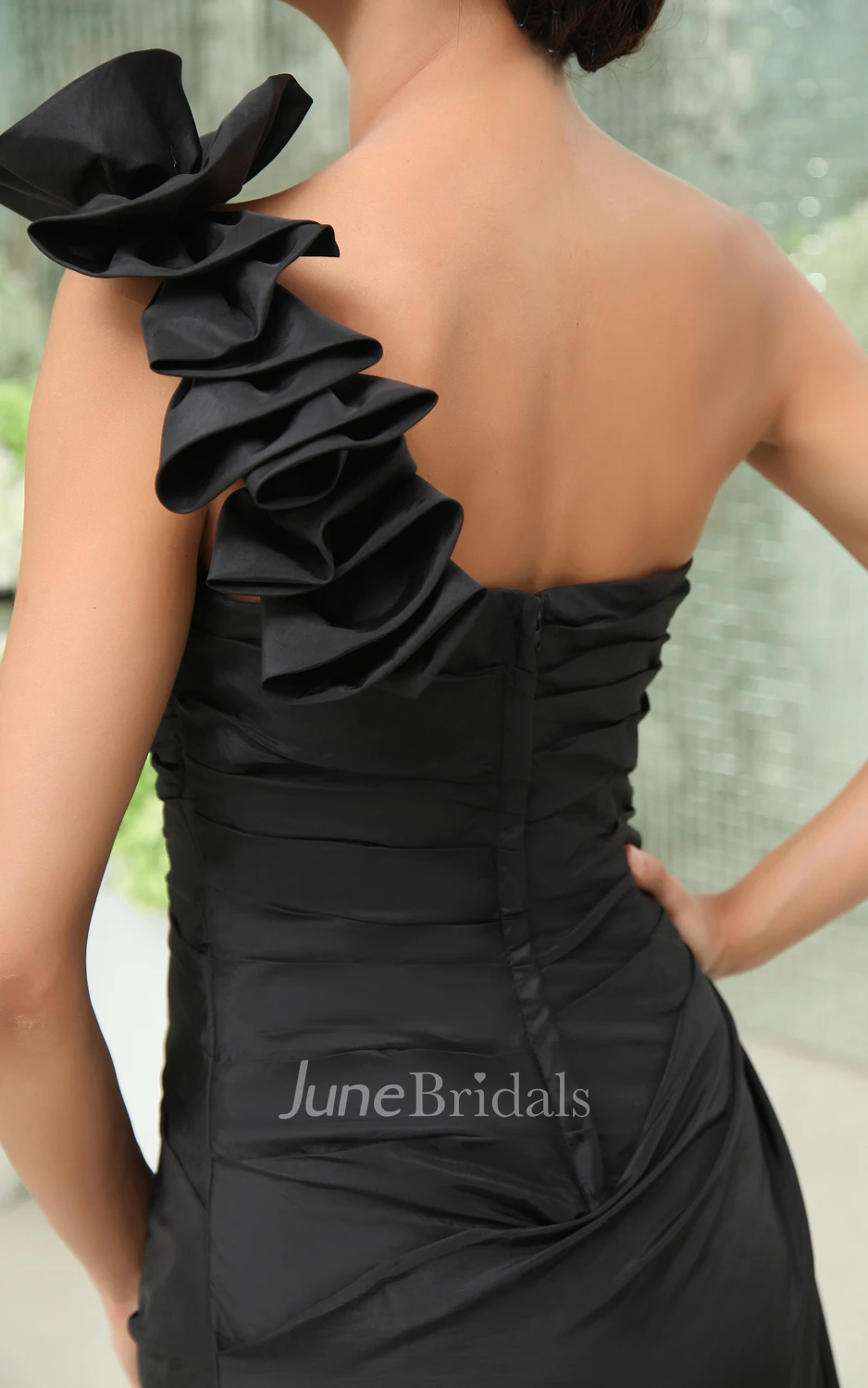 Asymmetrical One-Shoulder A-Line Gown With Floral Shoulder Detail