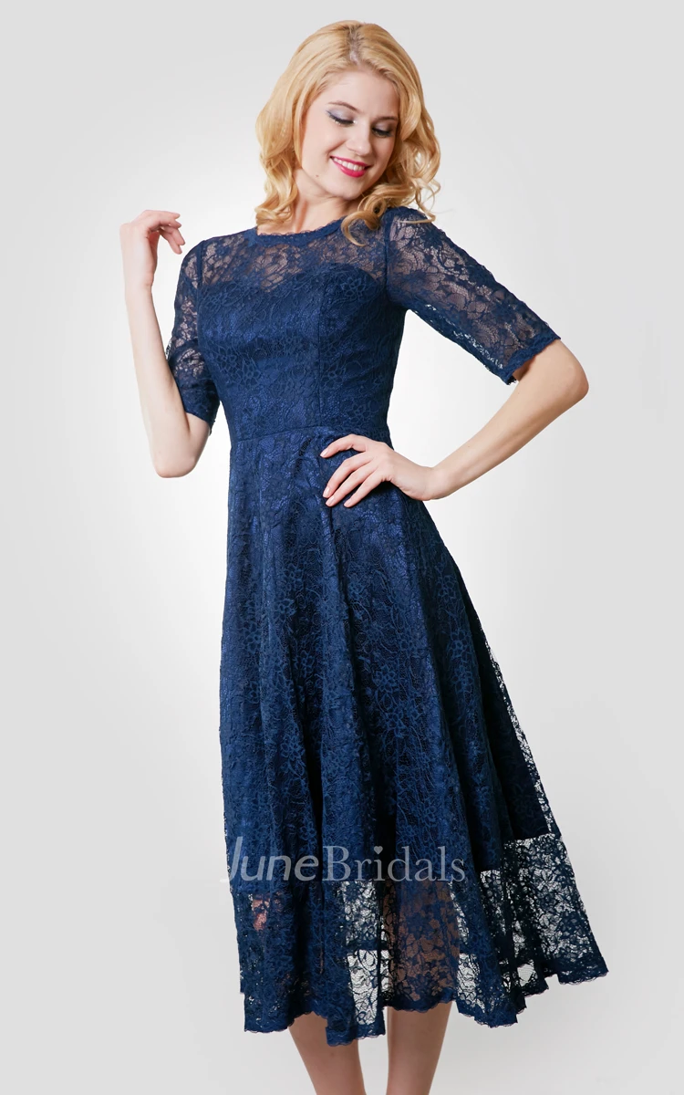 Half Sleeve Lace Tea Length Dress With Jewel Neckline