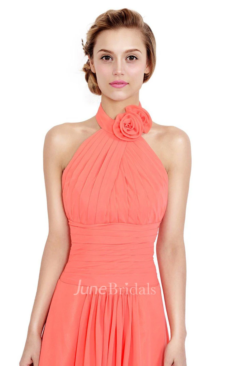Halter Knee-length Chiffon Dress With Flower