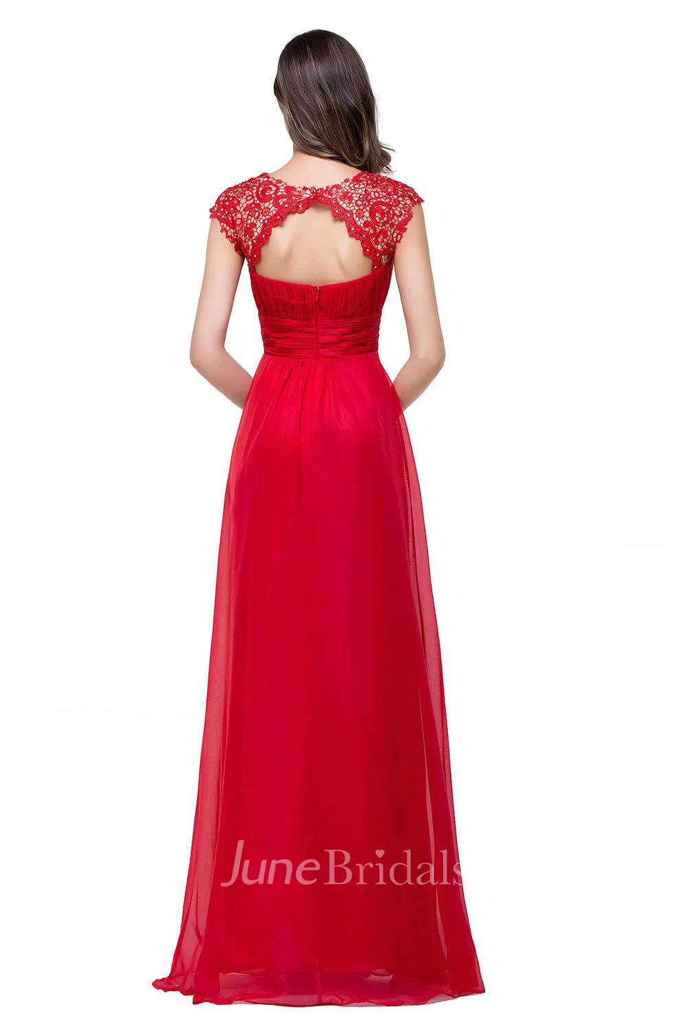Newest Red Chiffon Lace Prom Dress Zipper Illusion Cap Sleeve