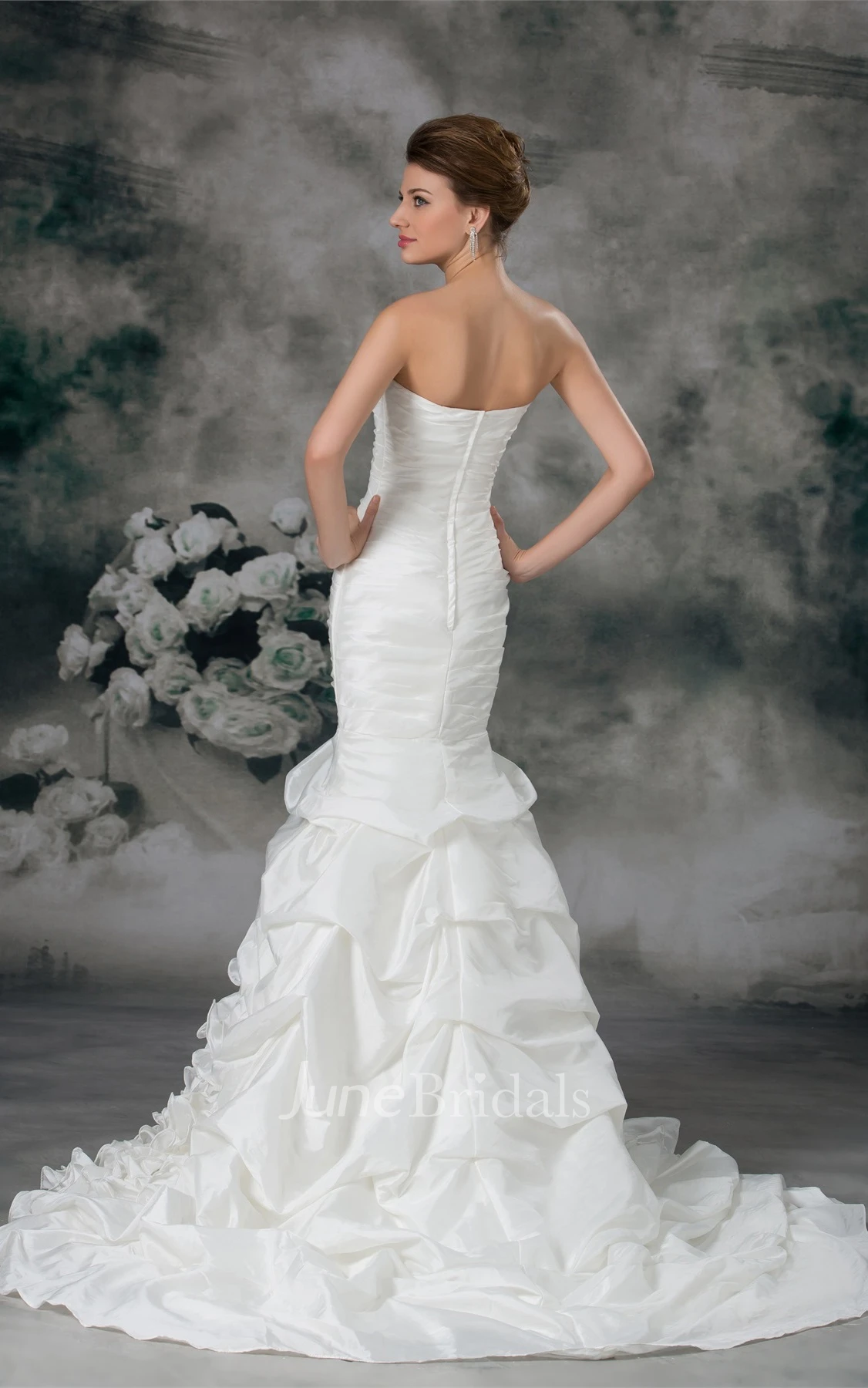 strapless a-line column gown with ruffled skirt and ruching