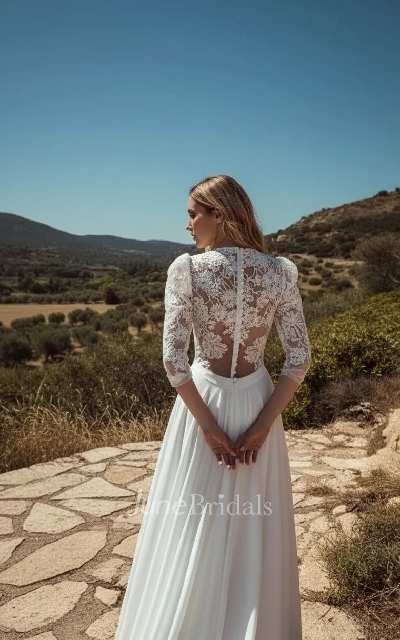 Bohemian Lace Wedding Dress 3/4 Sleeves A-Line Boat Neck Bridal Gown with Slit