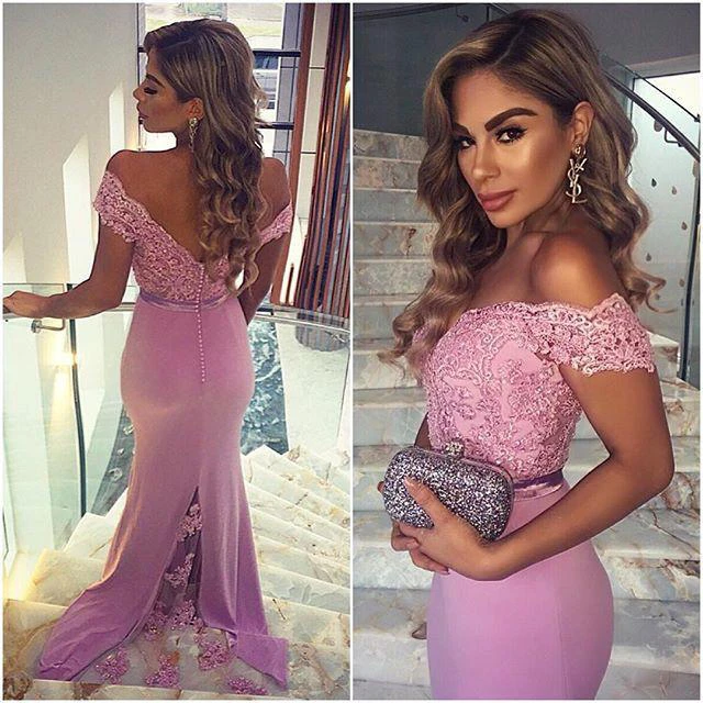 Elegant Lace Appliques Mermaid Prom Dress Off-the-shoulder Sweep Train
