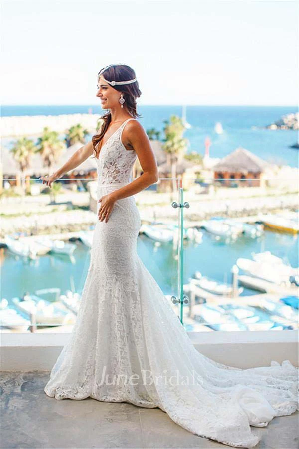 Deep V Neck Appliques Backless Trumpet Beach Lace Mermaid Bohemian Wedding Dress