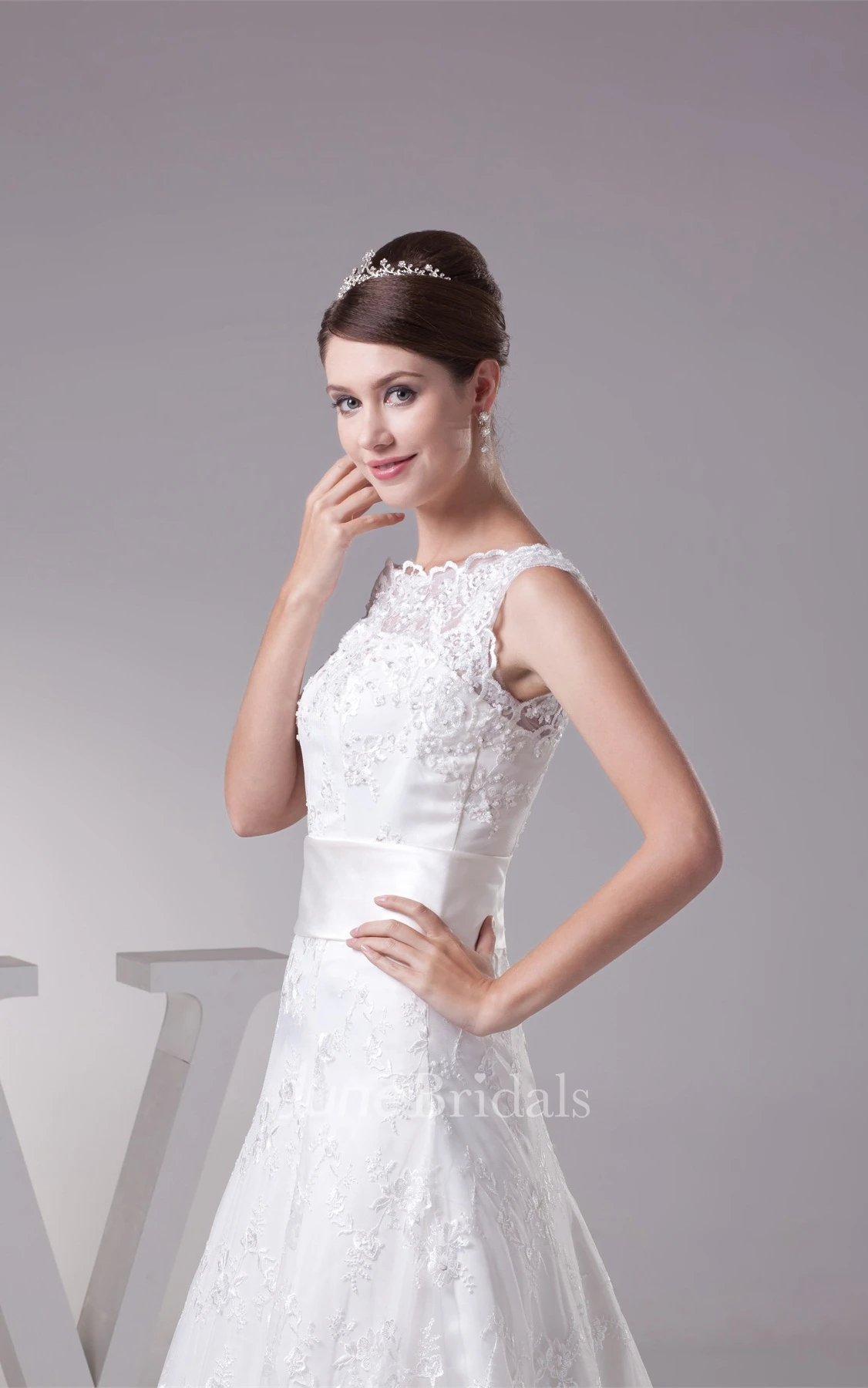 Bateau-Neck Sleeveless A-Line Gown with Appliques