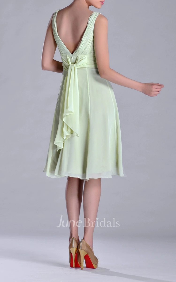 Knee-length V-Neckline Empire Chiffon Bridesmaid Dress With Deep-V Back Style