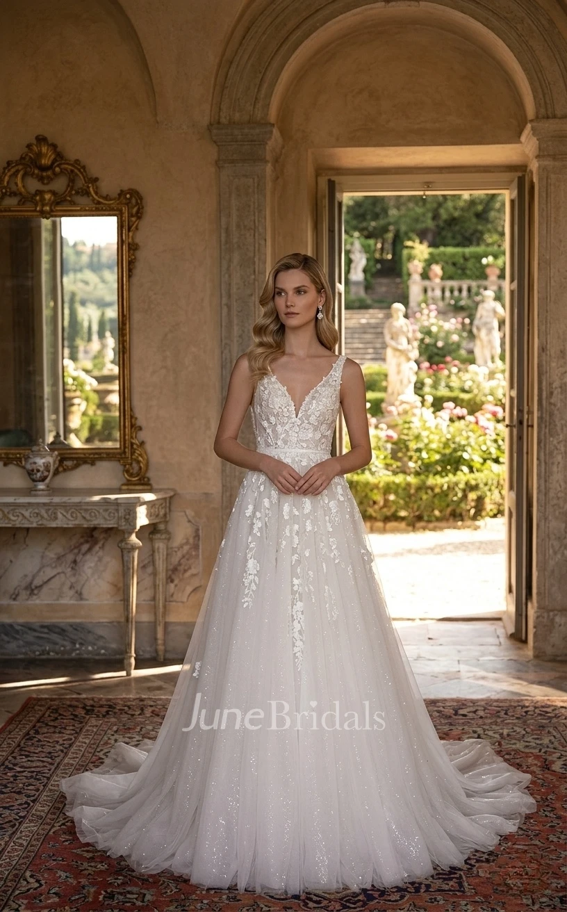 Modern Ethereal A-Line Boho Beaded Appliques Spring Wedding Dress Floral Princess Wide Spaghetti Strap V-Neck Tulle Bridal Gown with Train