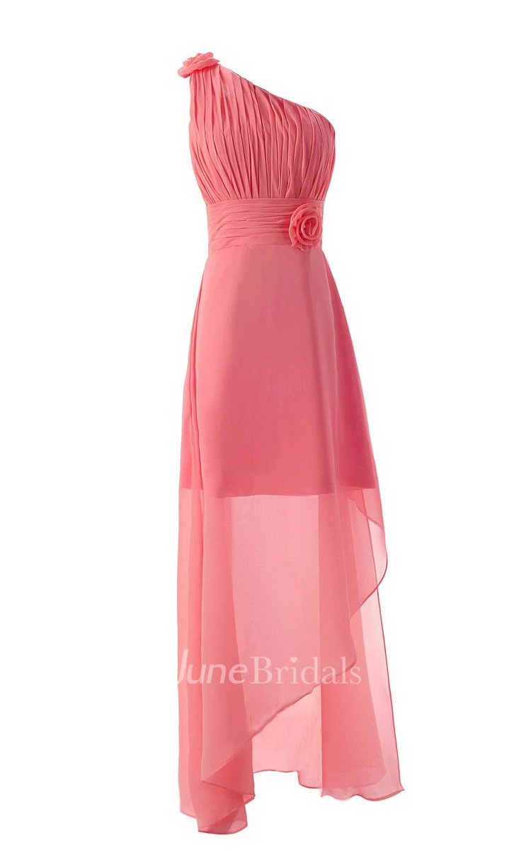 Asymmetrical One-shoulder Pleated Chiffon A-line Dress With Flowers