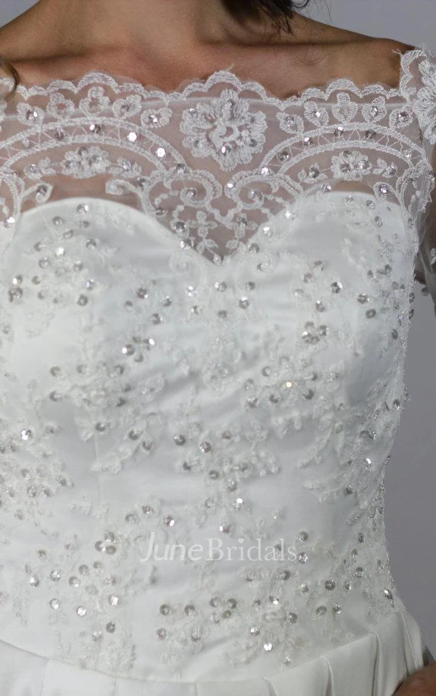 Bateau Neck Long Sleeve A-Line Satin Dress With Beaded Bodice