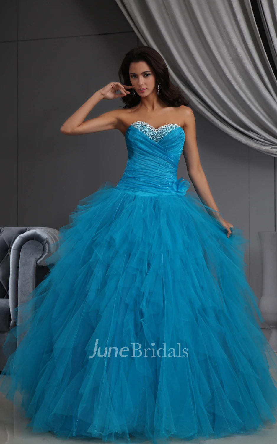 A-Line Ruffled Sweetheart Sleeveless Princess Ball Gown With Tulle Ruffles