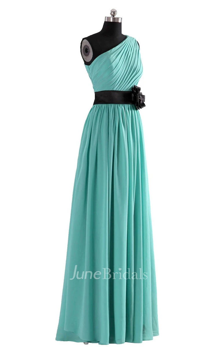 High-neck A-line Chiffon Dress With Satin Sash and Bow