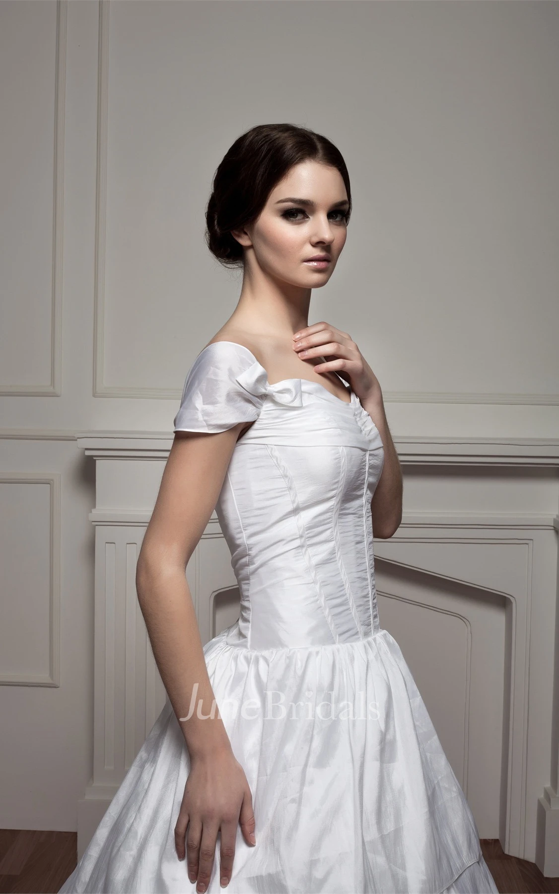 Off-The-Shoulder A-Line Gown with Ruching and Court Train