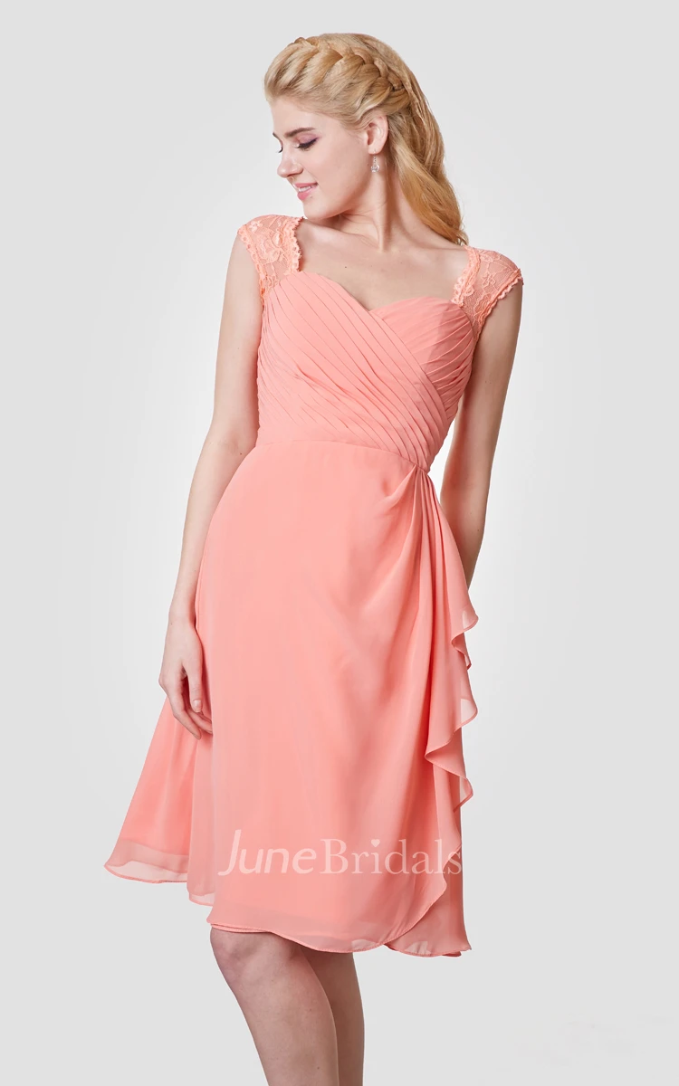 Cap-sleeved Chiffon Knee Length Dress With Back Keyhole