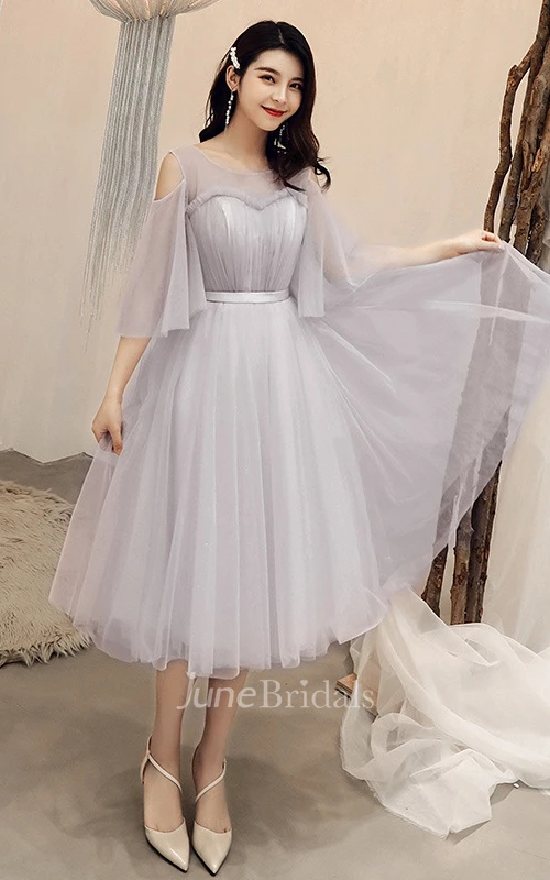 Simple Tulle Off-the-shoulder V-neck A Line Formal Cocktail Dress With Ruffles