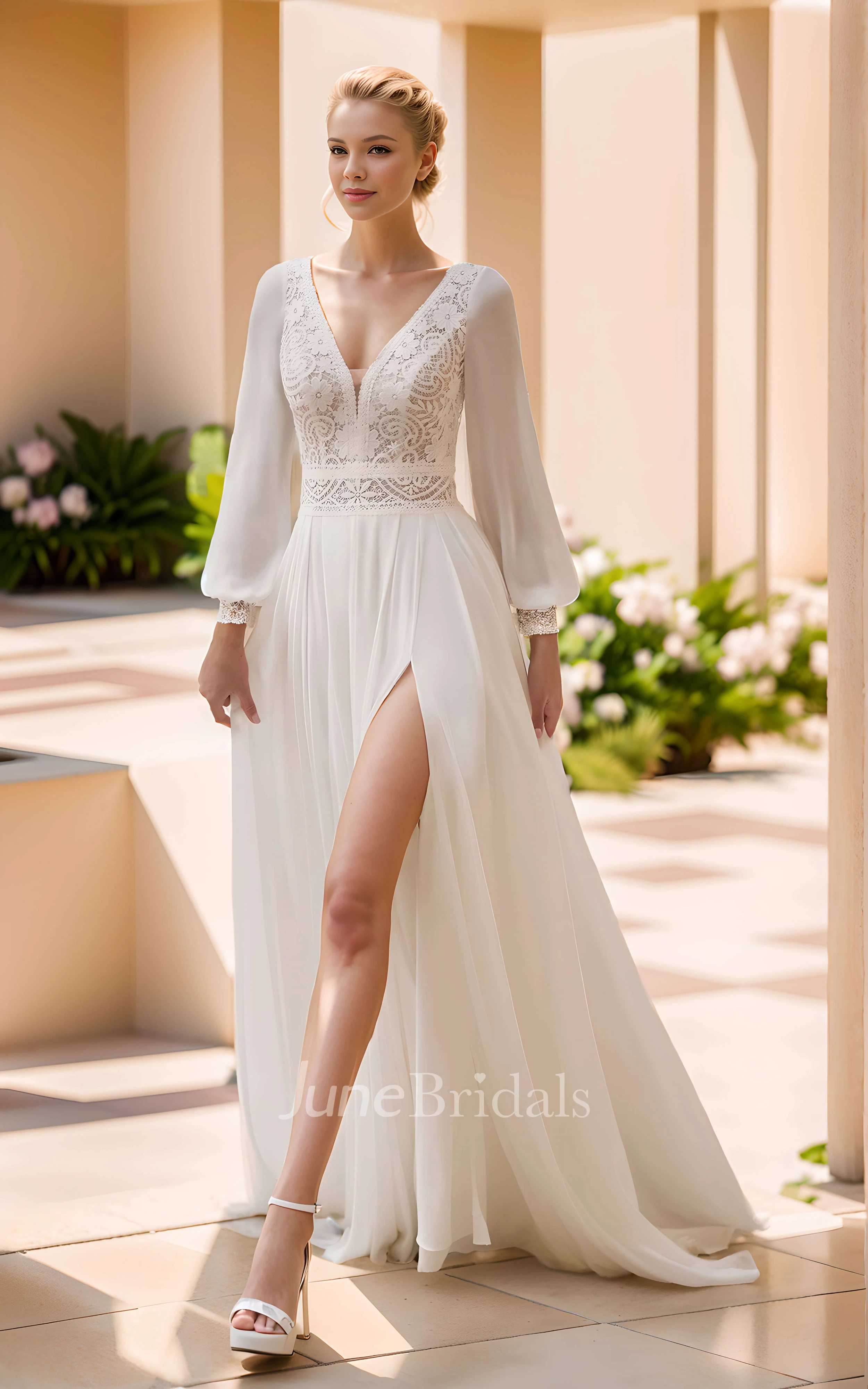 Elegant Vintage Plunging Neckline A-Line Chiffon Lace Winter Wedding Dress Ethereal Romantic Puff Long Sleeve Backless Split Floor-length Bridal Gown with Train