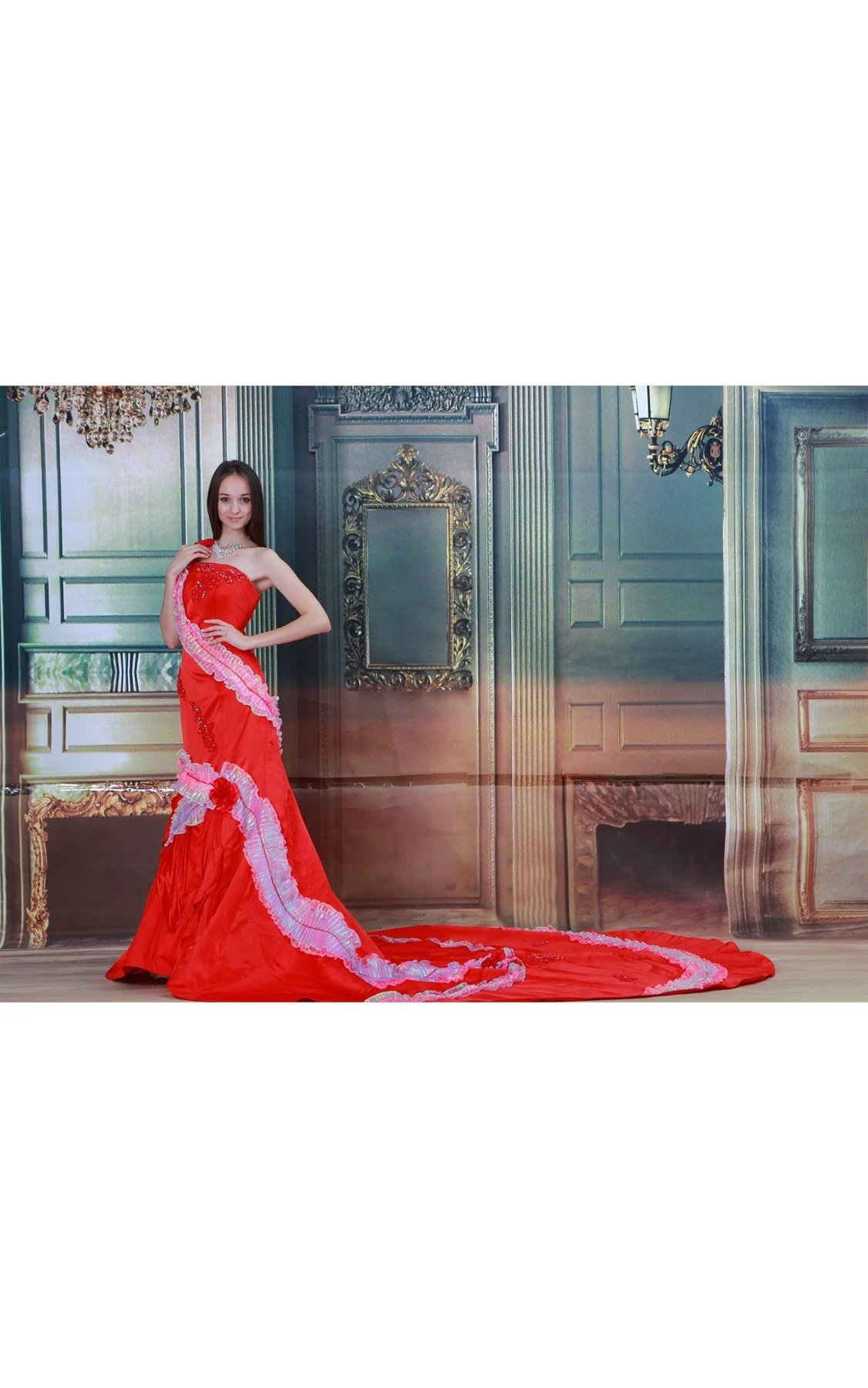 single-strap maxi beaded a-line dress with cathedral train and flower