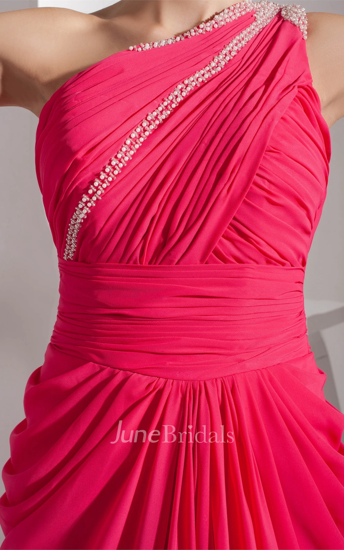 One-Shoulder Chiffon Beaded Dress with Central Ruching and Brush Train