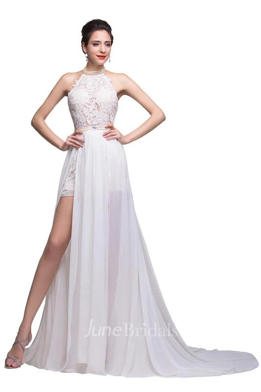 Newest High Neck Elegant Prom Dress Long Beadings Chiffon Evening Gown With Lace Appliques