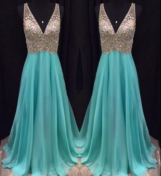 Elegant V-Necl Sleeveless Crystal Prom Dresses Long Chiffon Online