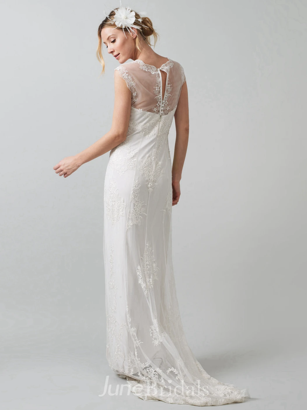 Sheath V-Neck Sleeveless Floor-Length Lace&Tulle Wedding Dress With Appliques And Illusion