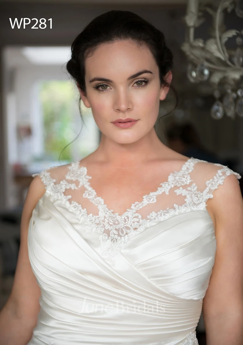 A-Line Long V-Neck Cap Satin Brush Train Appliques Dress