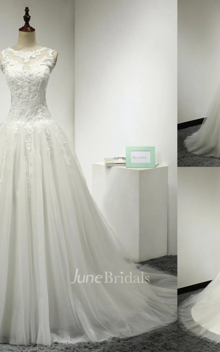 A-Line Tulle Bridal Gown With Lace Bodice and Dropped Waist