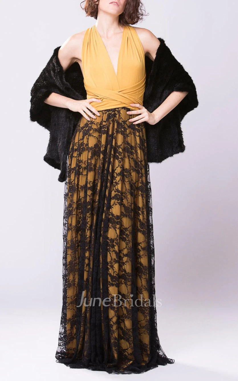 Mustard Yellow Boho Vintage Lace Long Bridesmaid Dress