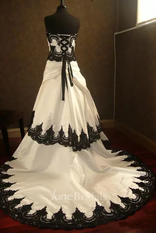 A-Line Straps Taffeta Lace Floor-length Chapel Train Sleeveless Wedding Dress with Corset Back