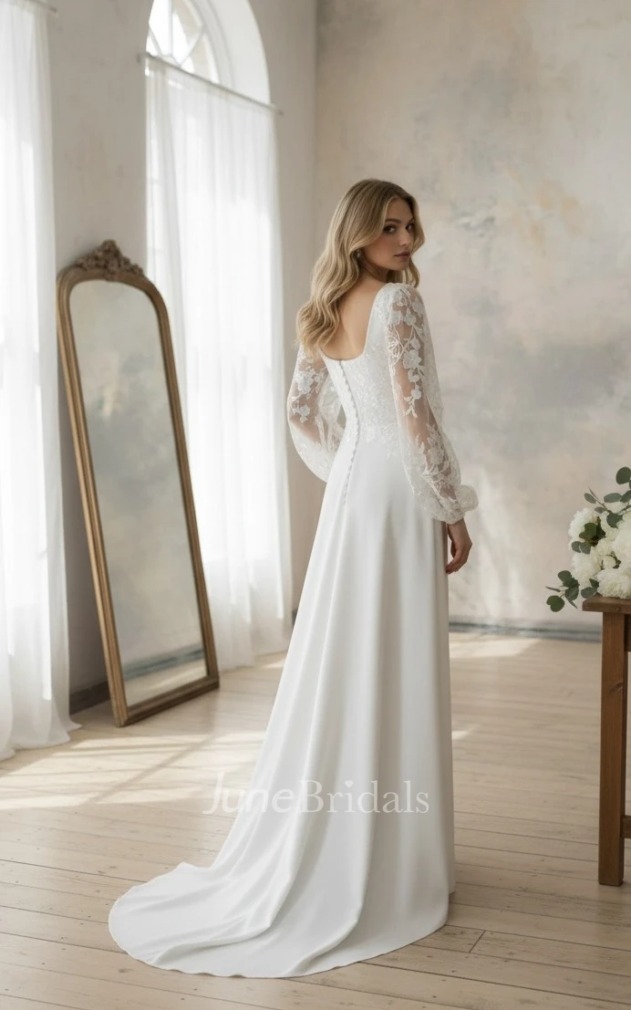 Elegant Solid Square Neck A-Line Lace Flowers Wedding Gown Vintage Floor-length Long Puff Sleeve Button Back Winter Bridal Dress with Appliques