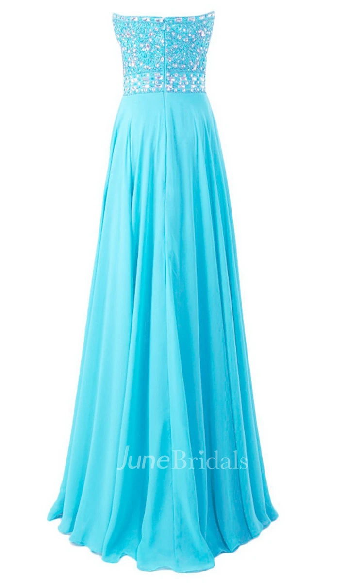 Strapless Long Satin Dress With Beaded Bodice