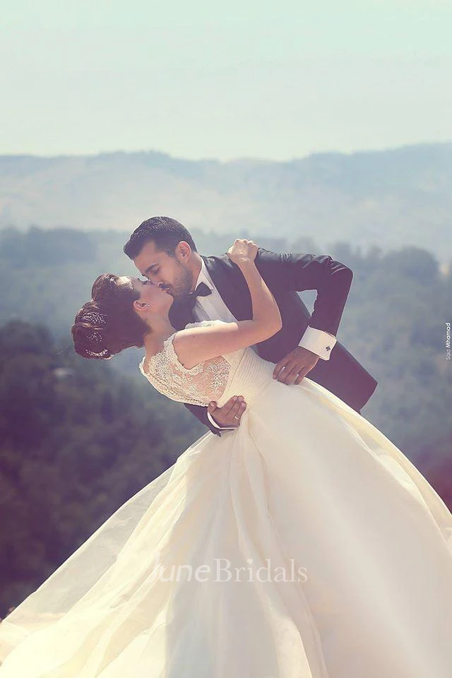 Elegant Ball Gown Illusion Wedding Dress Lace Appliques Sleeveless