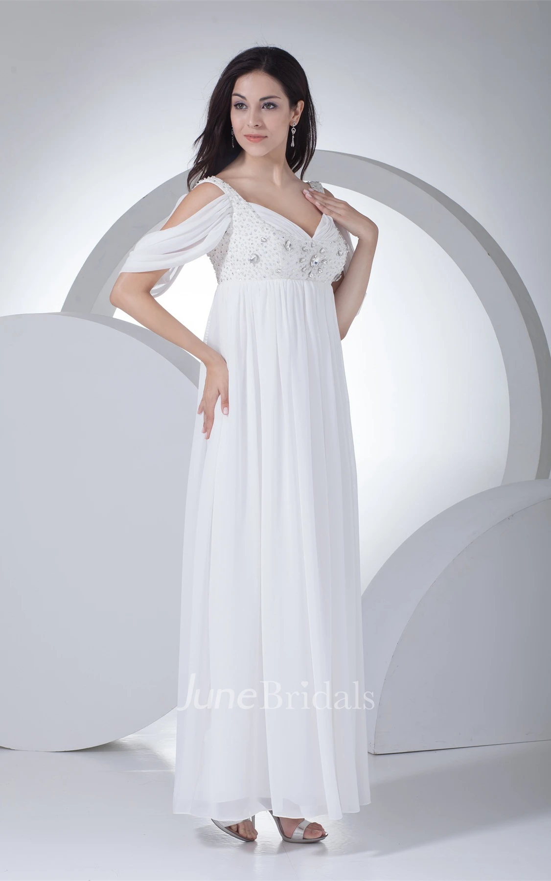 Strapped Plunged Empire Dress with Rhinestone and Pleats