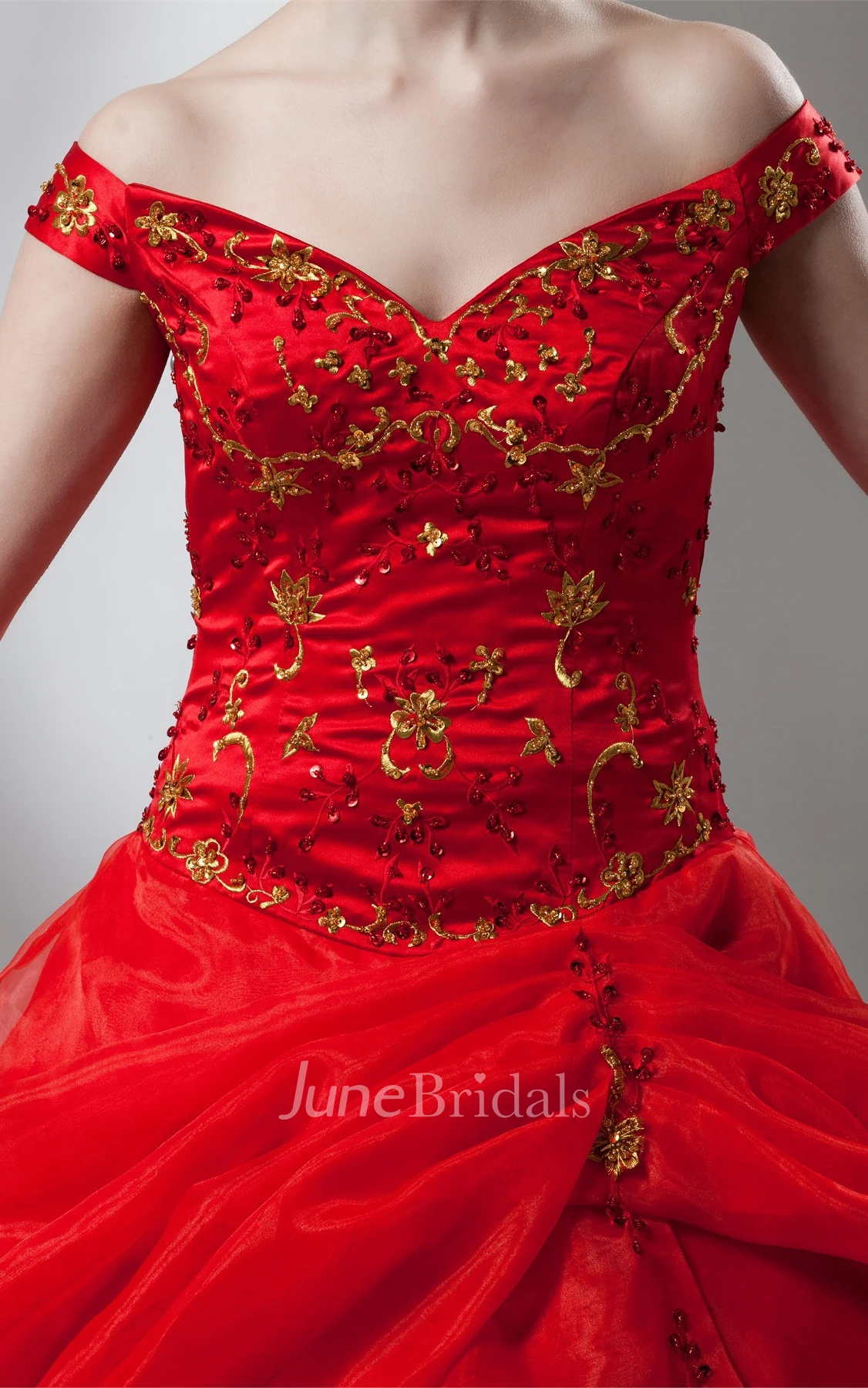 Off-The-Shoulder Pick-Up Ball Gown with Beading and Embroideries