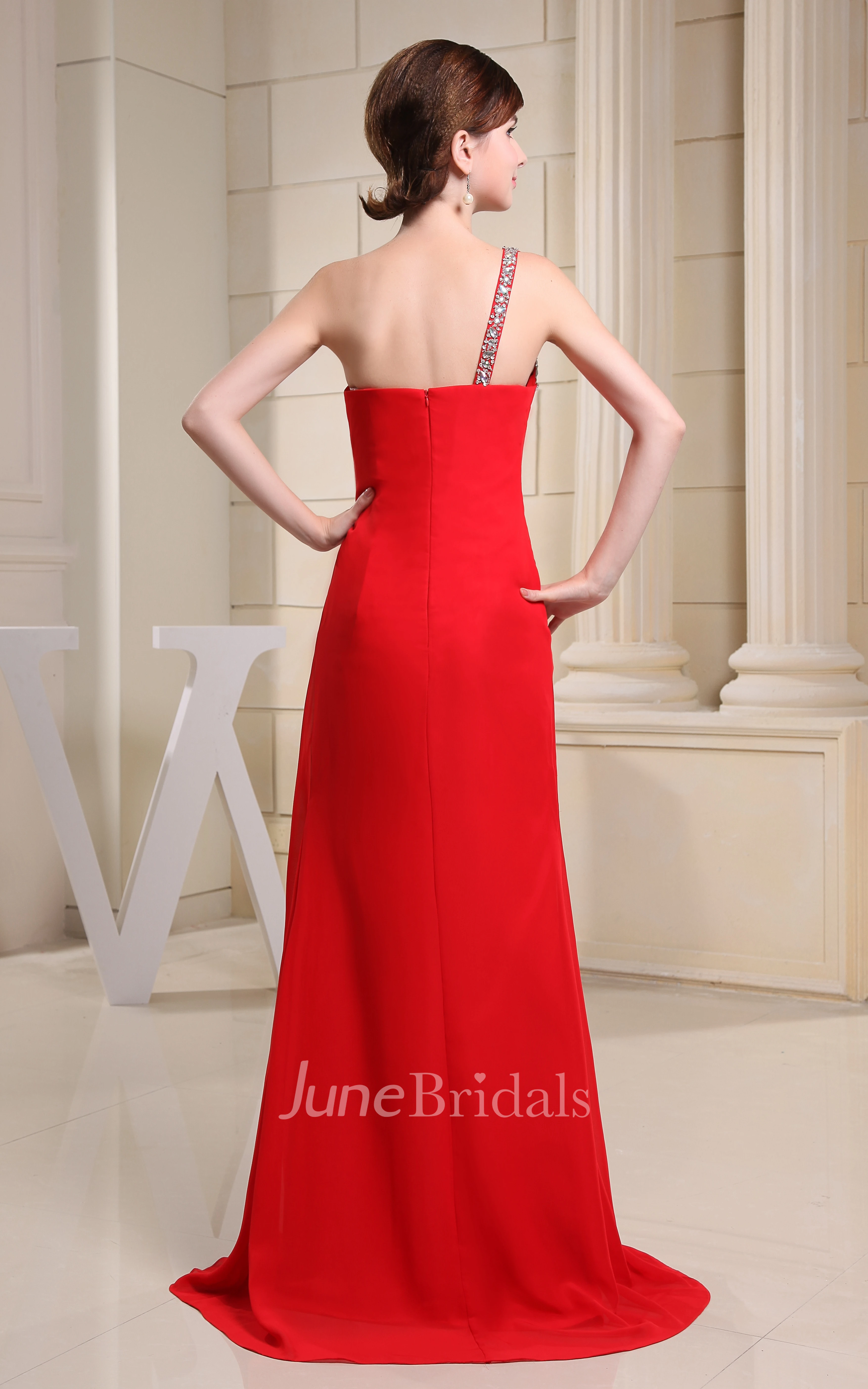 One-Shoulder Front-Split Chiffon Dress With Beading
