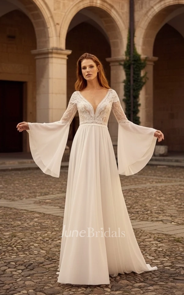 Flowy A-Line Boho Lace Beach Wedding Dress Vintage V-Neck Long Bell Sleeves Bridal Gown