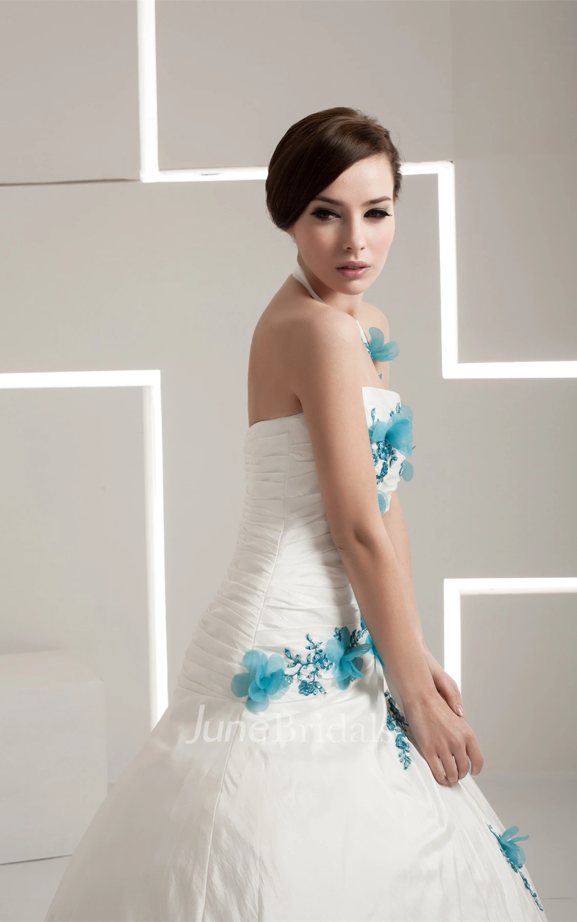Haltered A-Line Appliqued Gown with Flower and Ruching
