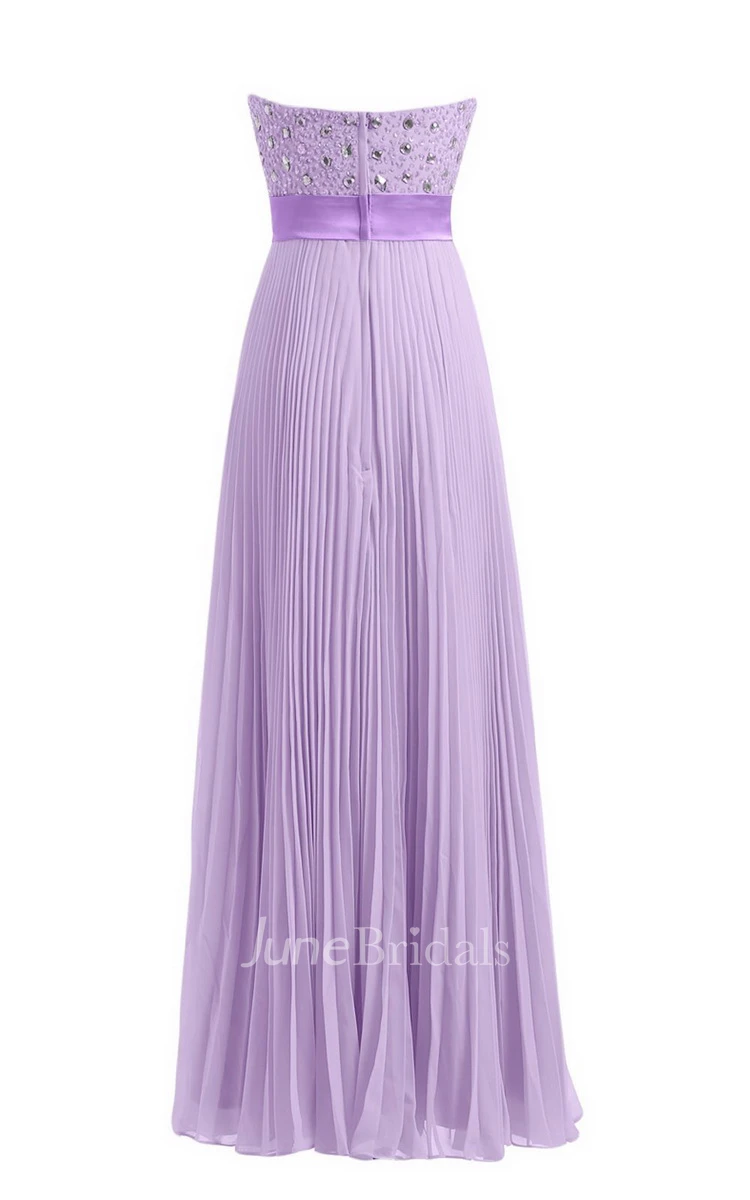 Strapless Empire Long Pleated Dress With Rhinestones