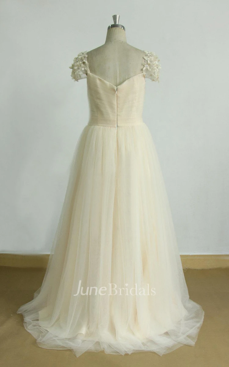 A-Line Cap Sleeve Tulle Weddig Dress