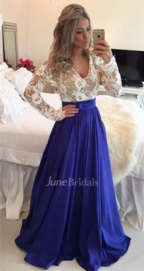 Modern Lace Chiffon Long Sleev Prom Dress Zipper Button Back