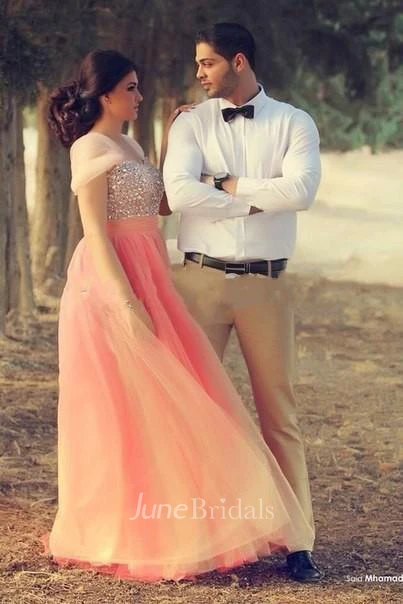 Romantic Cap Sleeve Tulle Pink Evening Dress Crystals Floor-length