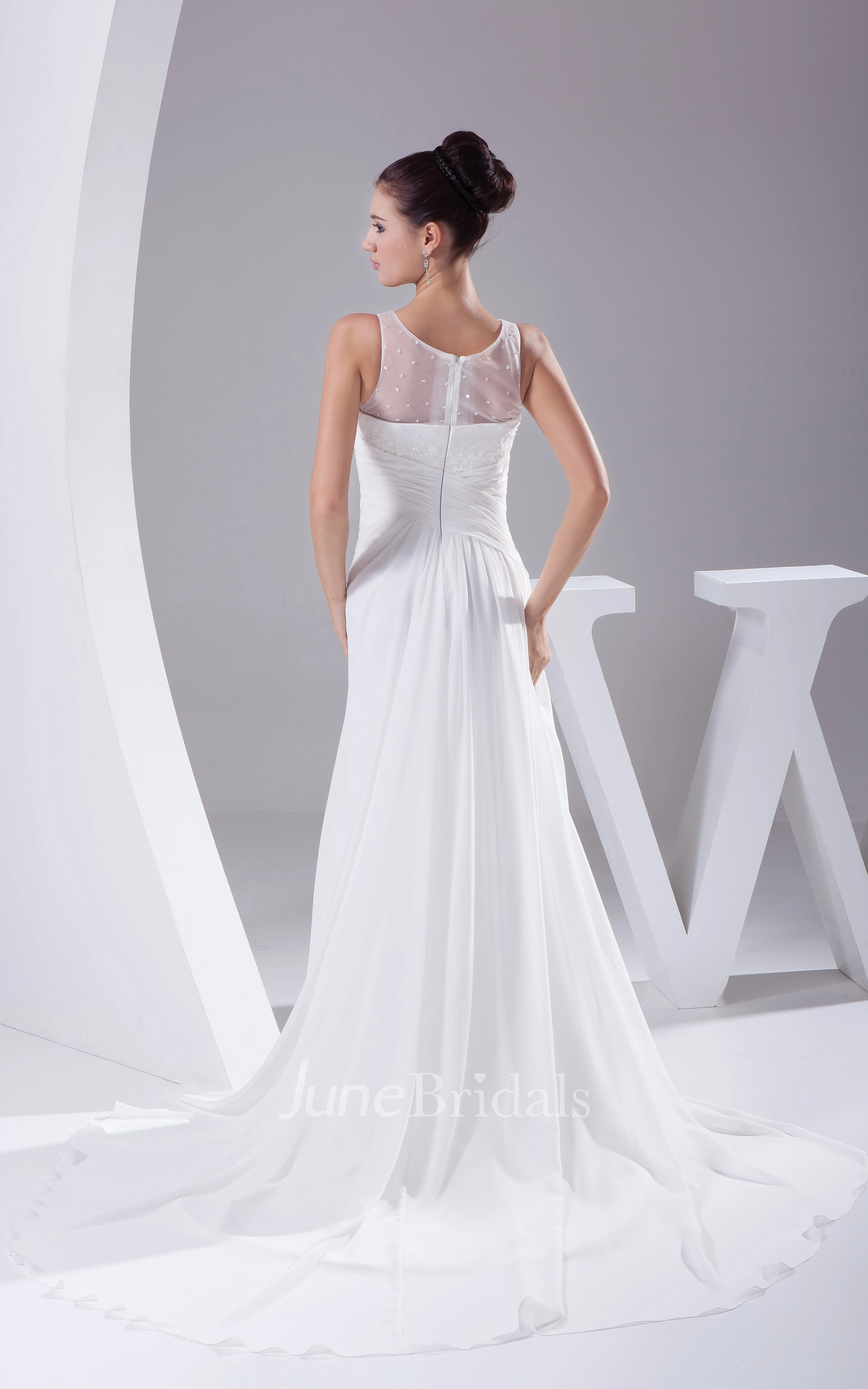 Illusion-Neck Criss-Cross Ruched Chiffon Dress With Beading