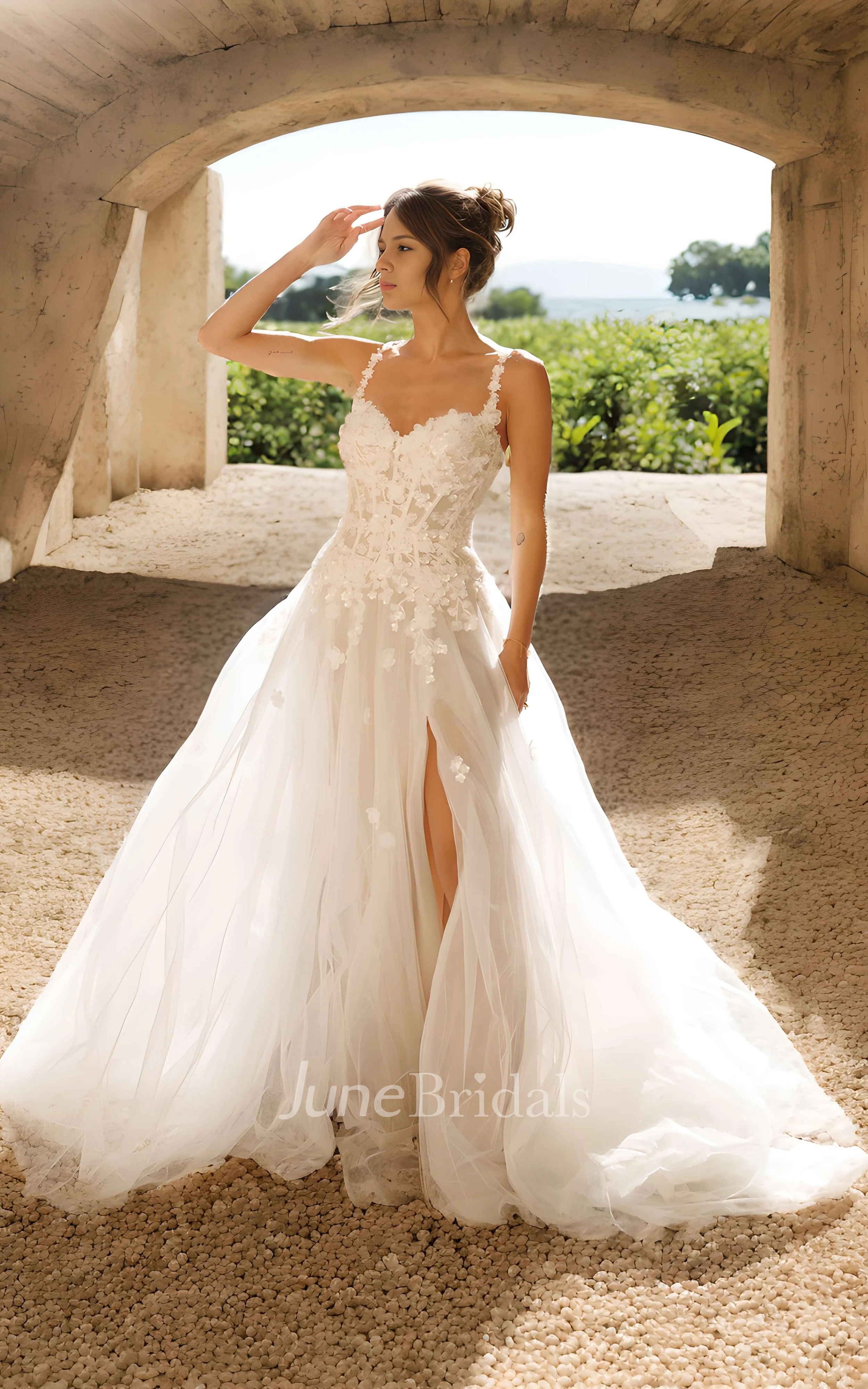 Ethereal Romantic A-Line Lace Bohemian Wedding Dress with Front Slit Flower Strap Sweetheart Gown